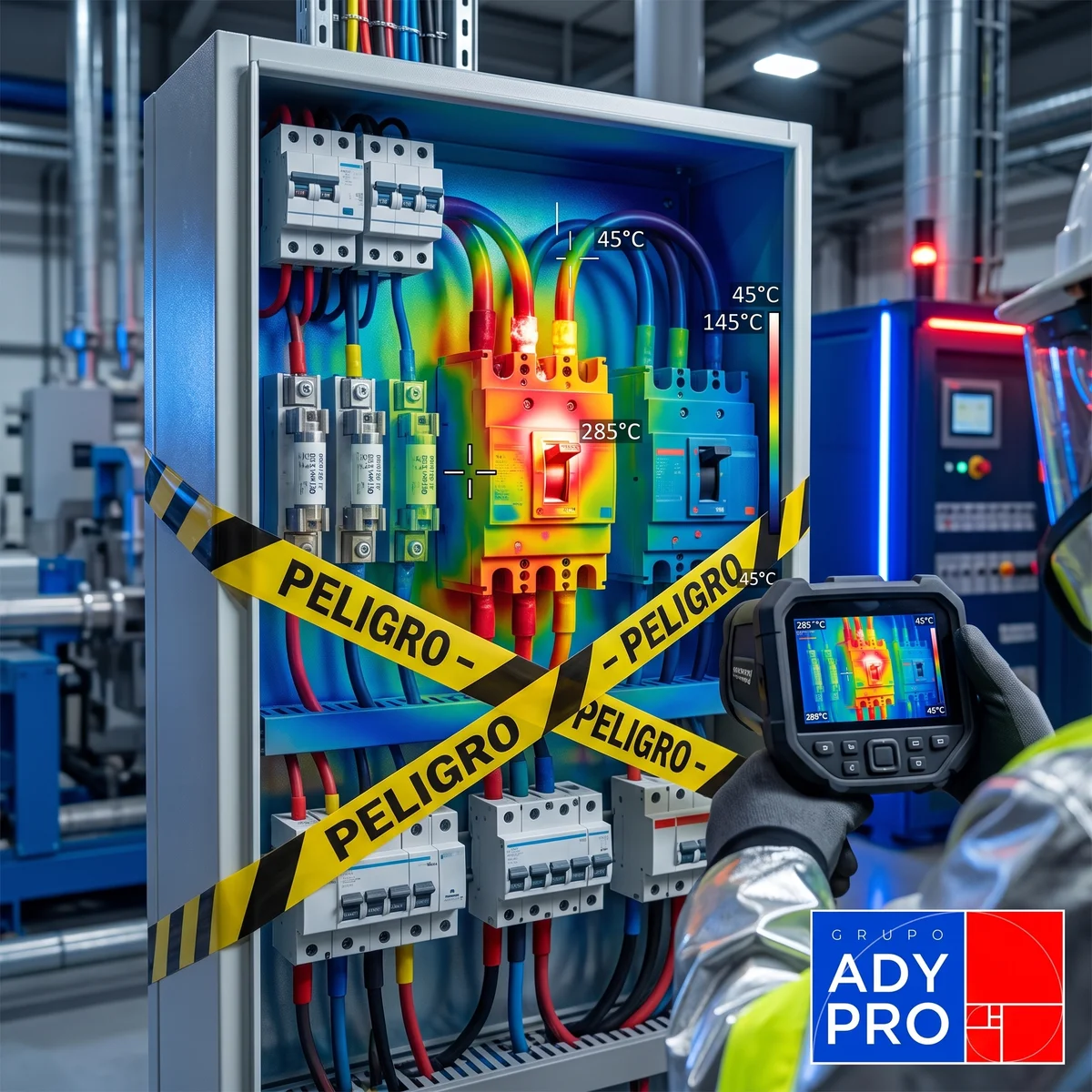 Inspección termográfica de un tablero eléctrico industrial acordonado tras un siniestro